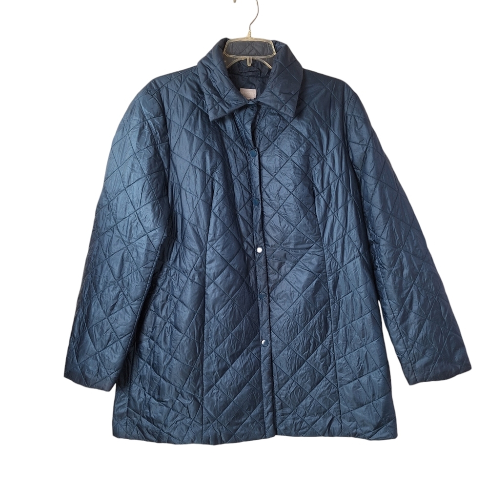 Chicos Sz 2/US 12/14 Blue Lightweight Quilted Nylon Button Up Jacket Pockets